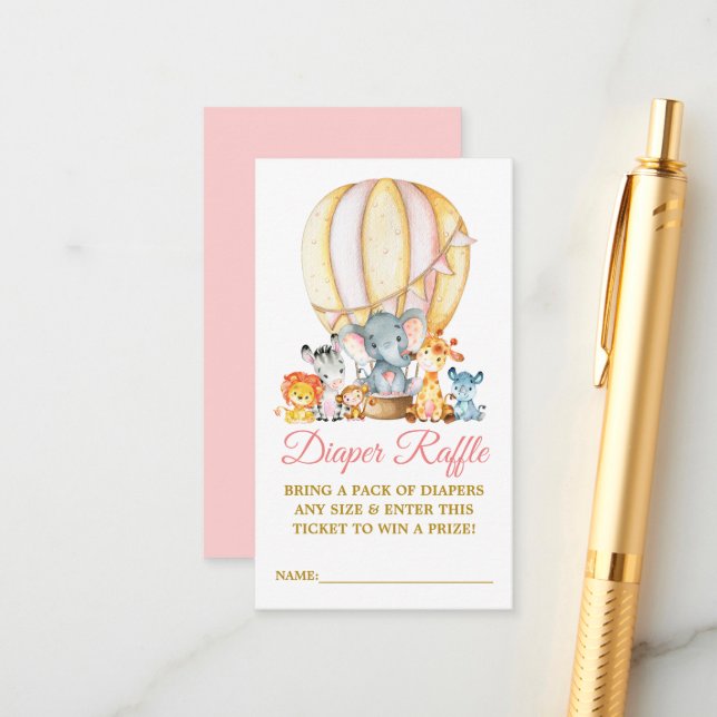 Tarjeta De Recepción Safari Animales Pink Balloon Diaper Raffle Shower (Anverso/Reverso In Situ)