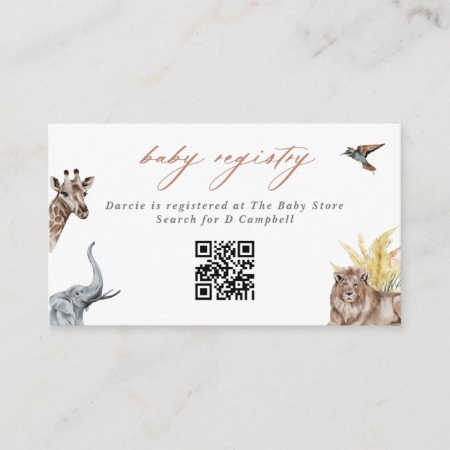 Tarjeta De Recepción Safari Animals Registro de Regalos de Baby Shower  (Anverso)