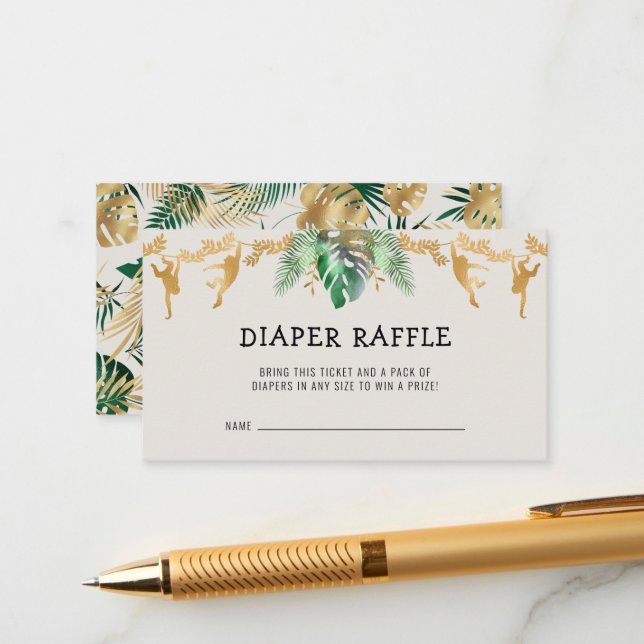 Tarjeta De Recepción Safari Baby Shower Diaper Raffle Green Gold Ecru (Anverso/Reverso In Situ)