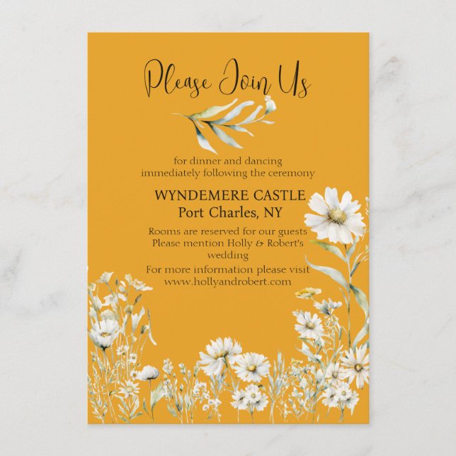 Tarjeta De Recepción Saffron Yellow, Daisy Floral Wedding QR Code (Anverso)