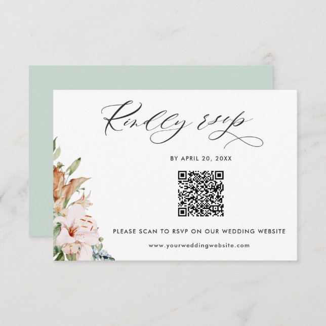 Tarjeta De Recepción Sage, Earthy Blooms QR Code Rsvp Boda en línea (Anverso / Reverso)