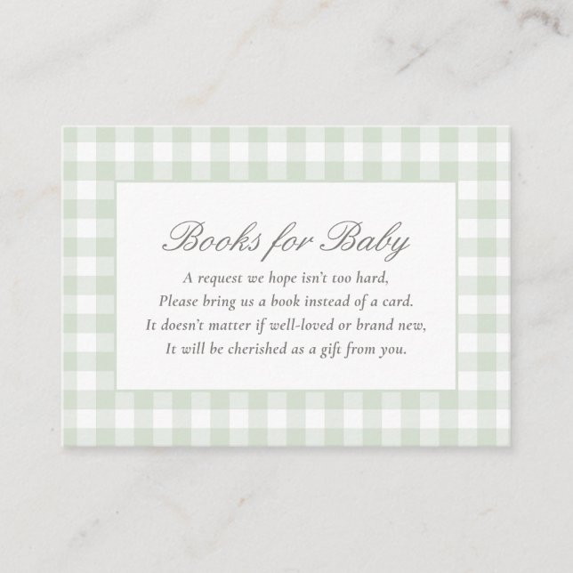 Tarjeta De Recepción Sage Gingham Baby Shower Books para el bebé (Anverso)