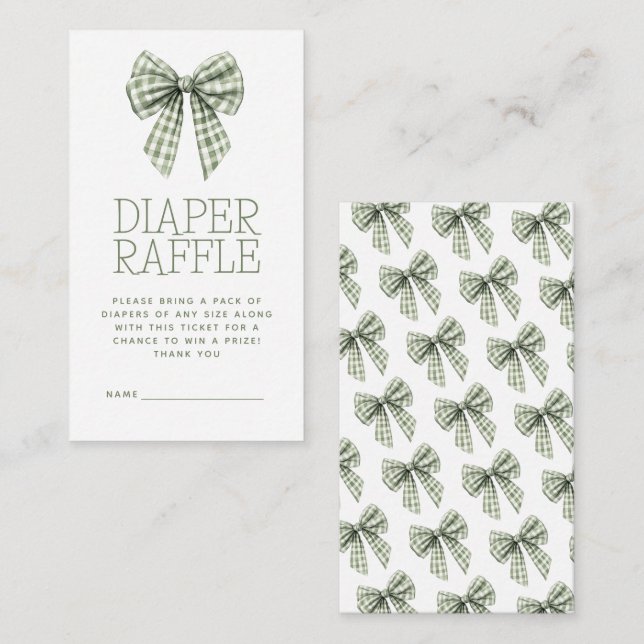 Tarjeta De Recepción Sage Gingham Bow Diaper Raffle Baby Shower (Anverso / Reverso)