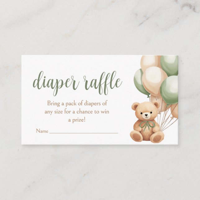 Tarjeta De Recepción Sage Green Bear Balloon Baby Shower Diaper Raffle (Anverso)