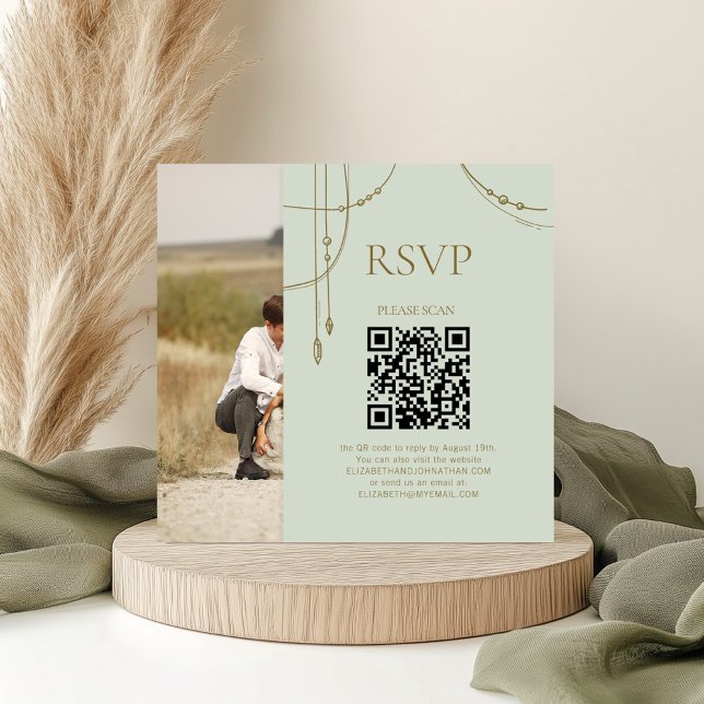 Tarjeta De Recepción Sage Green Boho Boda de cuentas rapadas QR Código  (Subido por el creador)