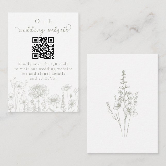 Tarjeta De Recepción Sage Green Botanical Minimal Wedding Website QR (Anverso / Reverso)