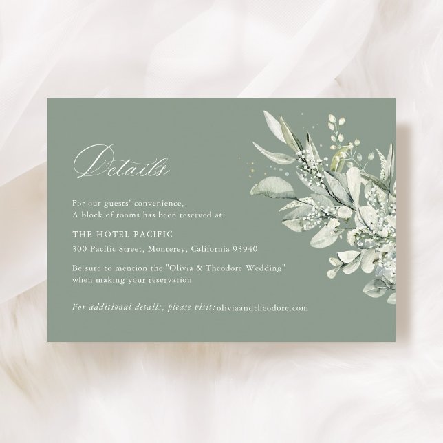 Tarjeta De Recepción Sage Green Botanical Wedding Accommodation (Sage green botanical wedding accommodation card, watercolor greenery, modern classic suite flat lay)