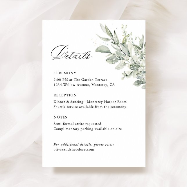 Tarjeta De Recepción Sage Green Botanical Wedding Details, Ceremony (Sage green botanical wedding details card, ceremony enclosure stationery with watercolor greenery)