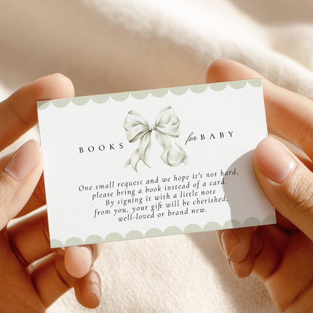 Tarjeta De Recepción Sage Green Bow Baby Shower Books for Baby Card (Subido por el creador)