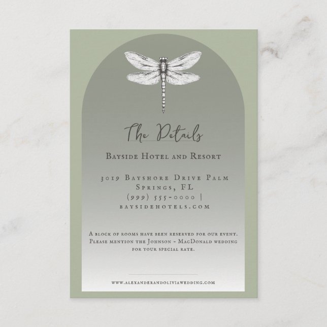Tarjeta De Recepción Sage Green Dragonfly Boda (Anverso)