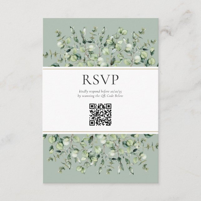 Tarjeta De Recepción Sage Green Eucalyptus QR Boda de código RSVP (Anverso)