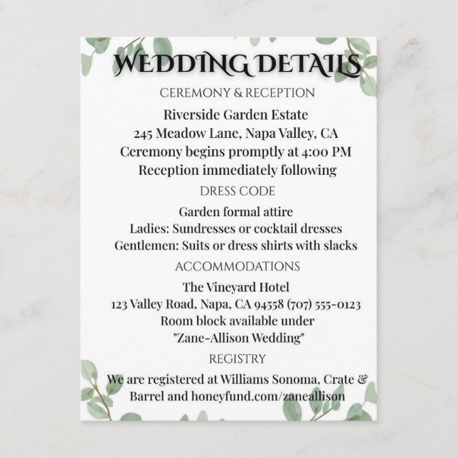 Tarjeta De Recepción Sage Green Eucalyptus Wedding Info Card (Anverso)
