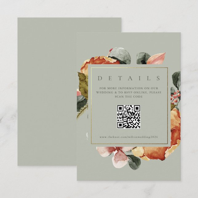 Tarjeta De Recepción Sage Green Floral Garden QR Boda Website (Anverso / Reverso)