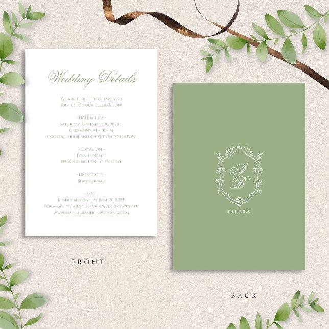 Tarjeta De Recepción Sage Green Floral Monogram Crest Wedding Details (Subido por el creador)