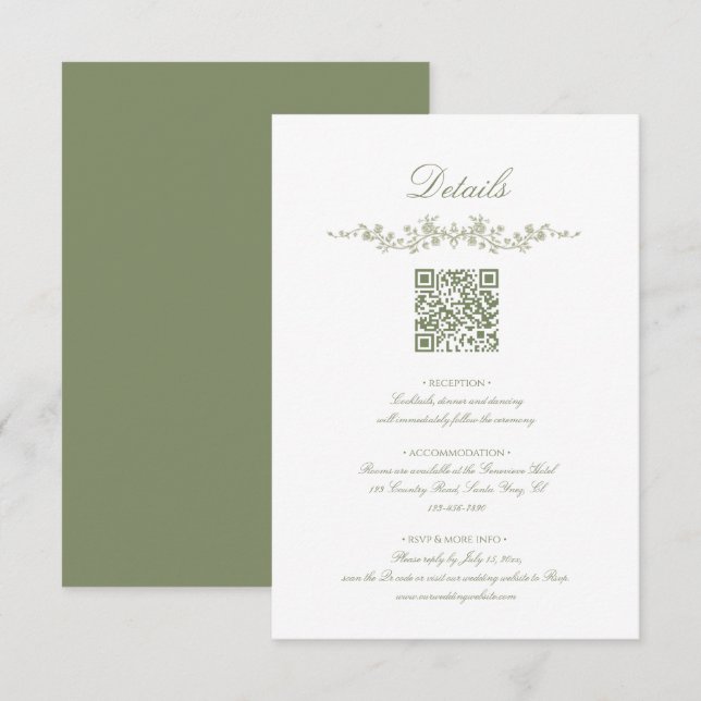 Tarjeta De Recepción  Sage Green French Floral with QR Code Wedding (Anverso / Reverso)