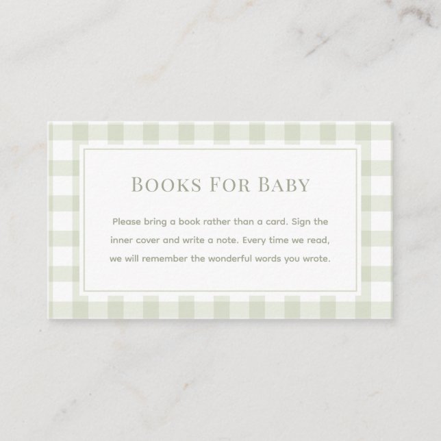 Tarjeta De Recepción Sage Green Gingham Baby Shower Books Para El Bebé (Anverso)