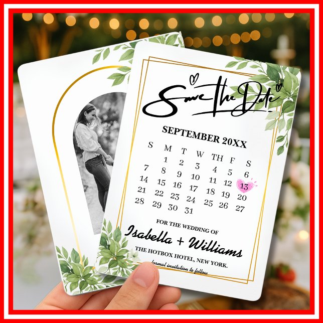 Tarjeta De Recepción Sage Green Greenery Calendar Wedding Save The Date (Subido por el creador)