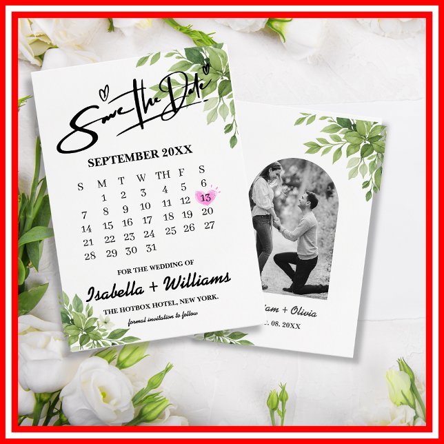 Tarjeta De Recepción Sage Green Greenery Calendar Wedding Save The Date (Subido por el creador)