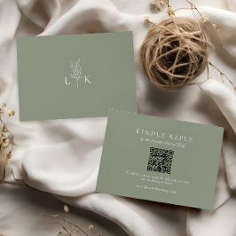 Tarjeta De Recepción Sage Green Leaf Monograma Boda QR Código RSVP
