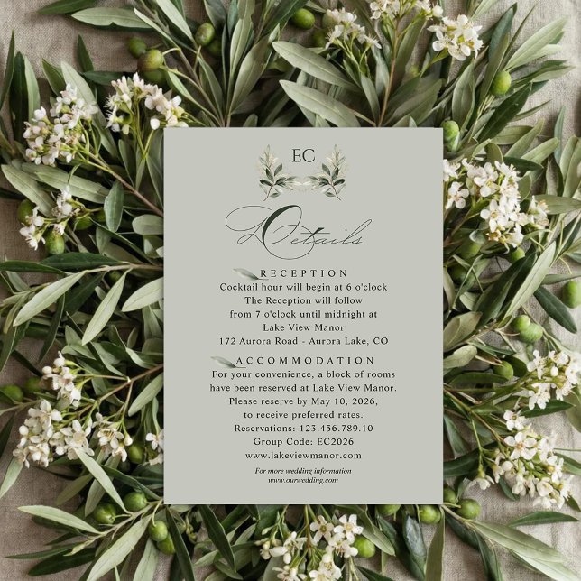 Tarjeta De Recepción Sage Green Olive Branch Monogram Wedding Details  (Subido por el creador)
