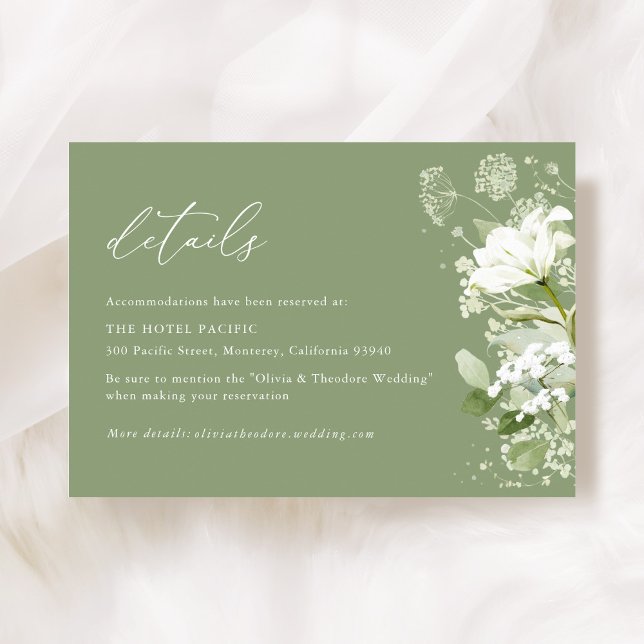 Tarjeta De Recepción Sage Green Organic Greenery Wedding Details Hotel (Sage green organic greenery wedding details accommodation enclosure card with watercolor florals)