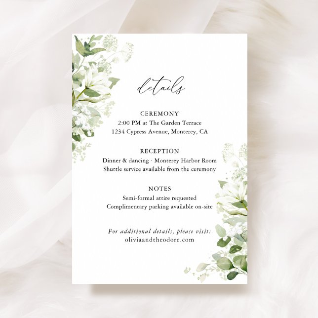 Tarjeta De Recepción Sage Green Organic Greenery Wedding Details, Info (Sage green organic greenery wedding details card with watercolor florals, botanical info enclosure)