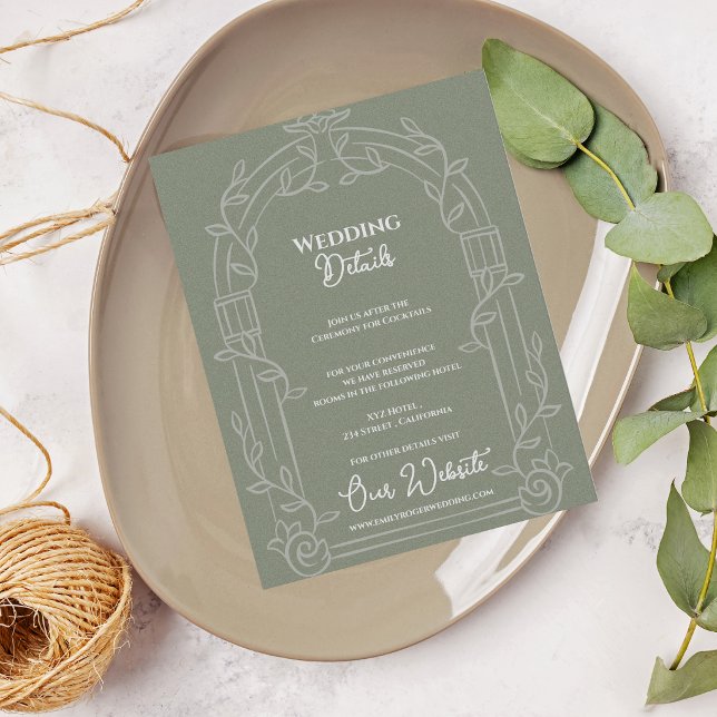 Tarjeta De Recepción Sage Green Ornate Arch Botanical Wedding Details (Sage Green Ornate Arch Botanical Wedding Details Card | Elegant Wedding Information Enclosure)