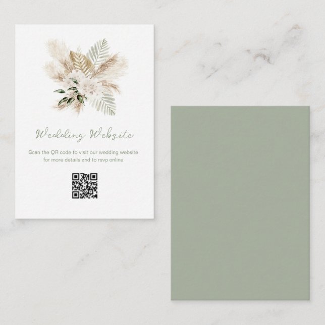 Tarjeta De Recepción sage green pampas sitio web de boda de código QR (Anverso / Reverso)
