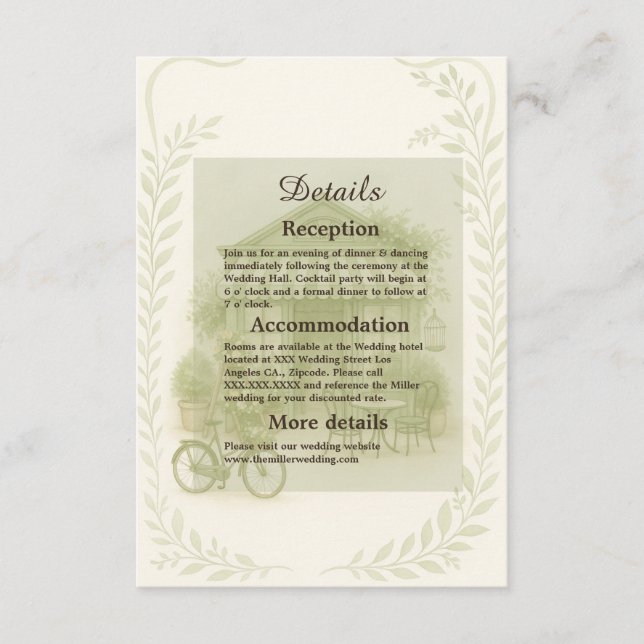 Tarjeta De Recepción sage green romántico boda café al aire libre (Anverso)