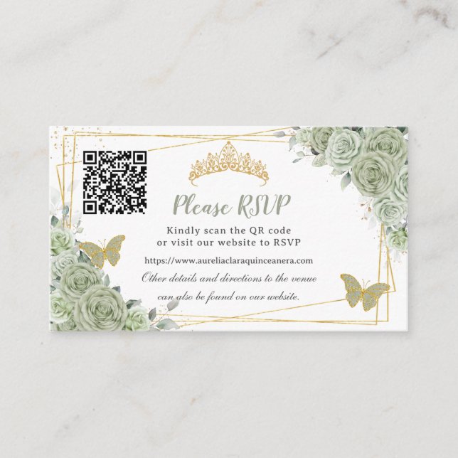 Tarjeta De Recepción Sage Green Rosas Floral Gold Quinceañera RSVP QR (Anverso)