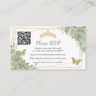 Tarjeta De Recepción Sage Green Rosas Floral Gold Quinceañera RSVP QR