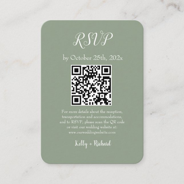 Tarjeta De Recepción Sage Green Small Boda Vertical RSVP Código QR (Anverso)