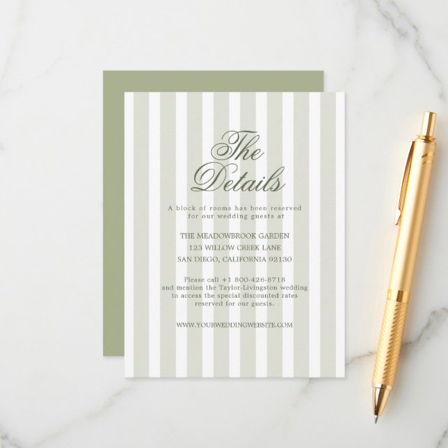 Tarjeta De Recepción Sage Green Striped Wedding Details Card (Anverso/Reverso In Situ)