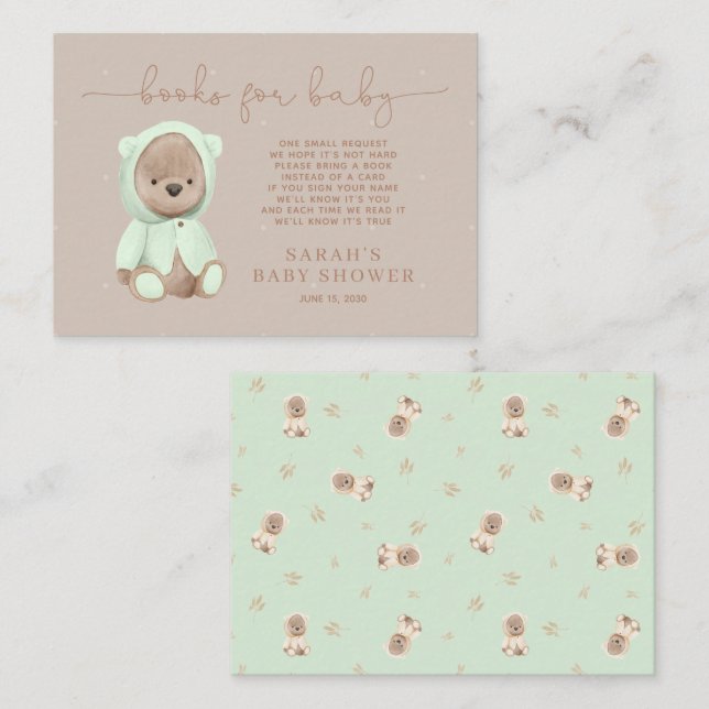 Tarjeta De Recepción Sage Green Teddy Bear Baby Shower Book Request (Anverso / Reverso)