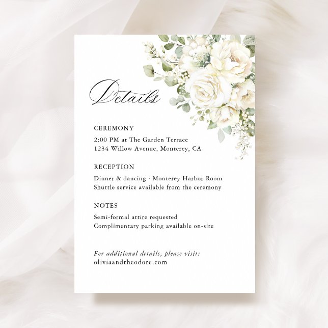 Tarjeta De Recepción Sage Green White Floral Wedding Details, Ceremony (Sage green white floral watercolor wedding details card, Elegant ceremony reception info stationery)