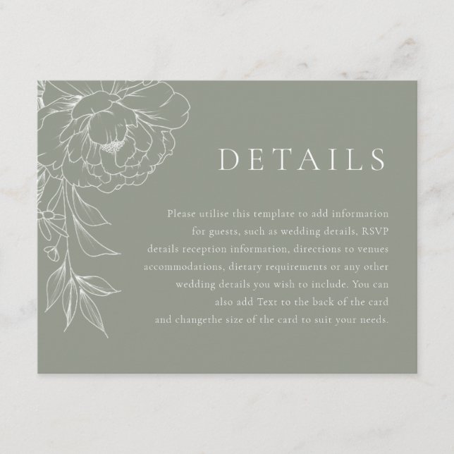Tarjeta De Recepción Sage Green White Line Art Floral Wedding Details (Anverso)