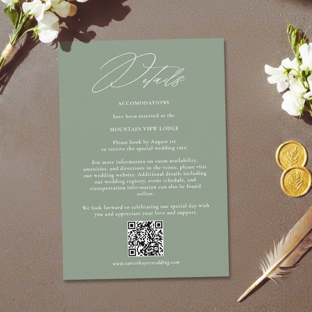 Tarjeta De Recepción Sage Green White Modern QR Code Wedding Details (sage green wedding details elegant modern calligraphy white simple contemporary stylish)