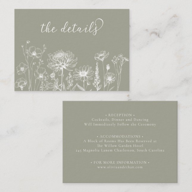 Tarjeta De Recepción Sage Green Wildflower Details Card Wedding Insert (Anverso / Reverso)