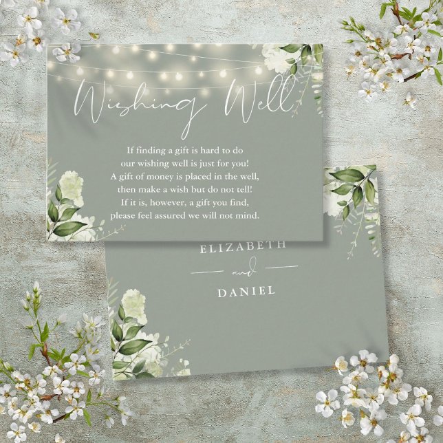Tarjeta De Recepción Sage Greenery String Lughts Wire Well Boda (Sage Greenery String Lights Wishing Well Wedding Enclosure Card)