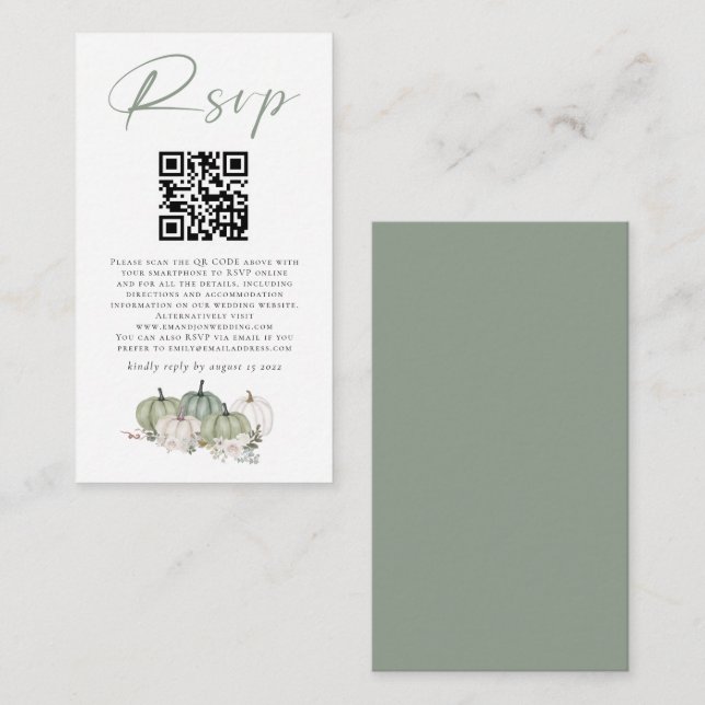 Tarjeta De Recepción Sage Pumpkins Florals QR Boda de código RSVP (Anverso / Reverso)