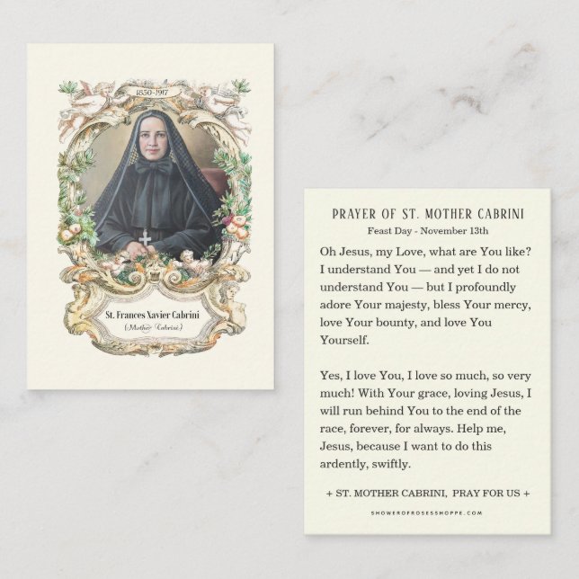 Tarjeta De Recepción Santa Madre Cabrini Oración Religiosa Católica Nun (Anverso / Reverso)