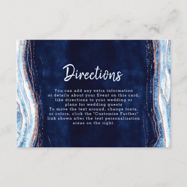 Tarjeta De Recepción Sapphire Blue Rosa Gold Geode Bodas (Anverso)