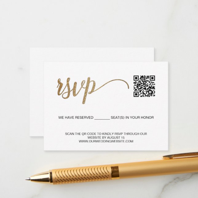 Tarjeta De Recepción SCAN código QR Simple Gold RSVP con asientos reser (Anverso/Reverso In Situ)