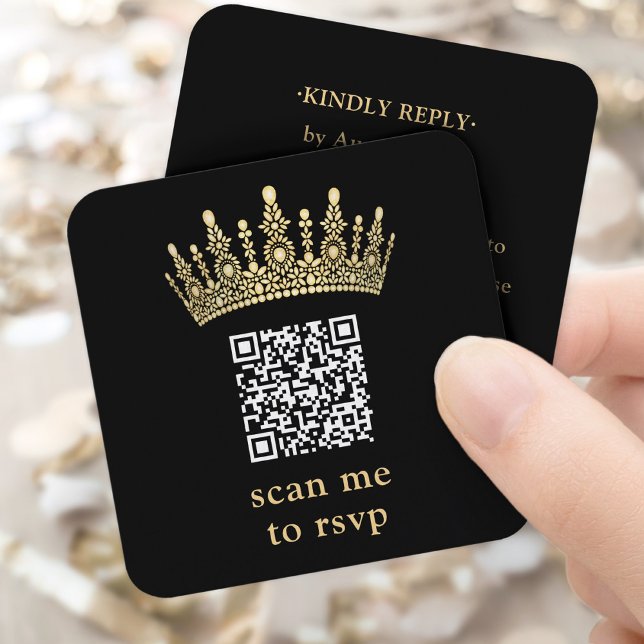 Tarjeta De Recepción Scan Me QR RSVP Black and Gold Quinceañera Crown (Subido por el creador)