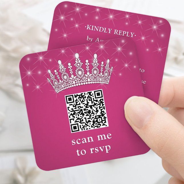 Tarjeta De Recepción Scan Me QR RSVP Quinceañera Crown Fuschia Pink (Subido por el creador)