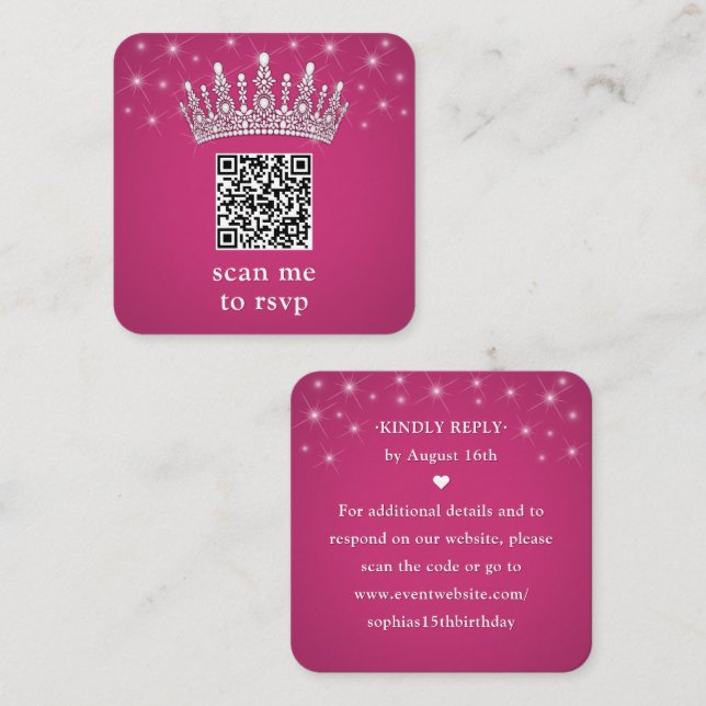 Tarjeta De Recepción Scan Me QR RSVP Quinceañera Crown Fuschia Pink (Anverso / Reverso)