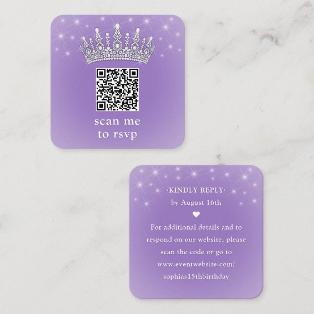 Tarjeta De Recepción Scan Me QR RSVP Quinceañera Crown Lilac Purple (Anverso / Reverso)