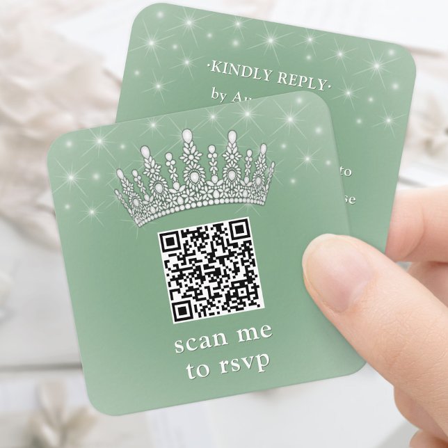 Tarjeta De Recepción Scan Me QR RSVP Quinceañera Crown Sage Green (Subido por el creador)