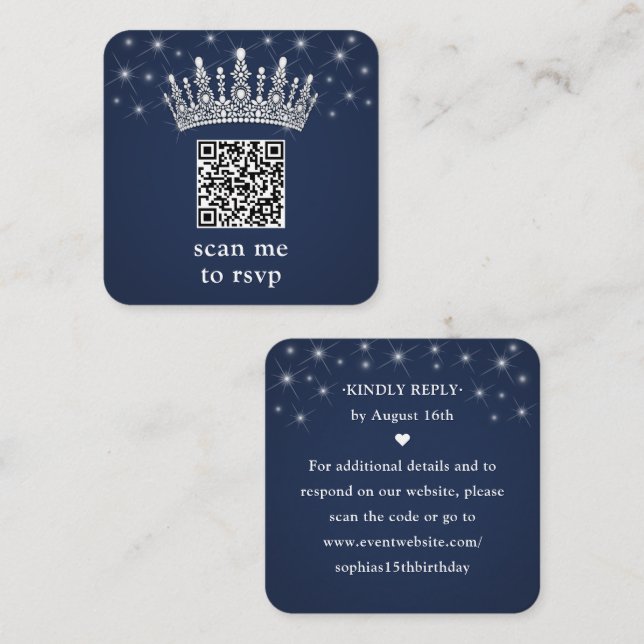 Tarjeta De Recepción Scan Me RSVP QR Code Quinceañera Crown Navy Blue (Anverso / Reverso)
