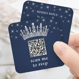 Tarjeta De Recepción Scan Me RSVP QR Code Quinceañera Crown Navy Blue